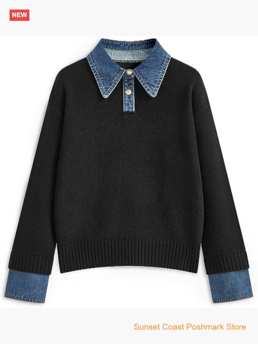 Oversized Button Up Denim Polo Pullover Sweater Tunic Top Long Sleeve